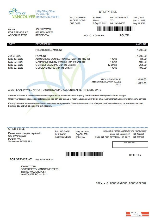 Canada British Columbia City of Vancouver utility bill template in Word and PDF format